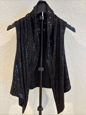 Forever 21 Black Sequin Cascading Open Front Vest Size S
